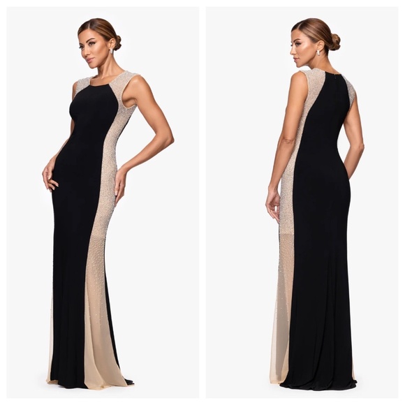 XSCAPE Madison Women’s 10P Black Beaded Sides Maxi Jersey Gown Black Tie Sparkle - Picture 1 of 11